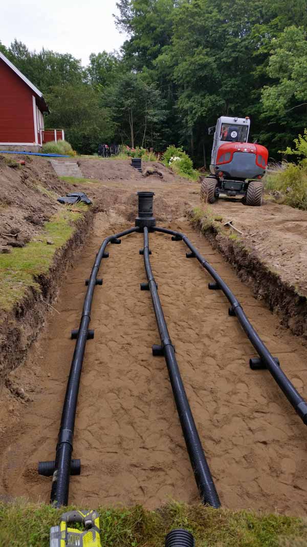 Nedgrävda avloppsrör med en grävskopa bredvid.