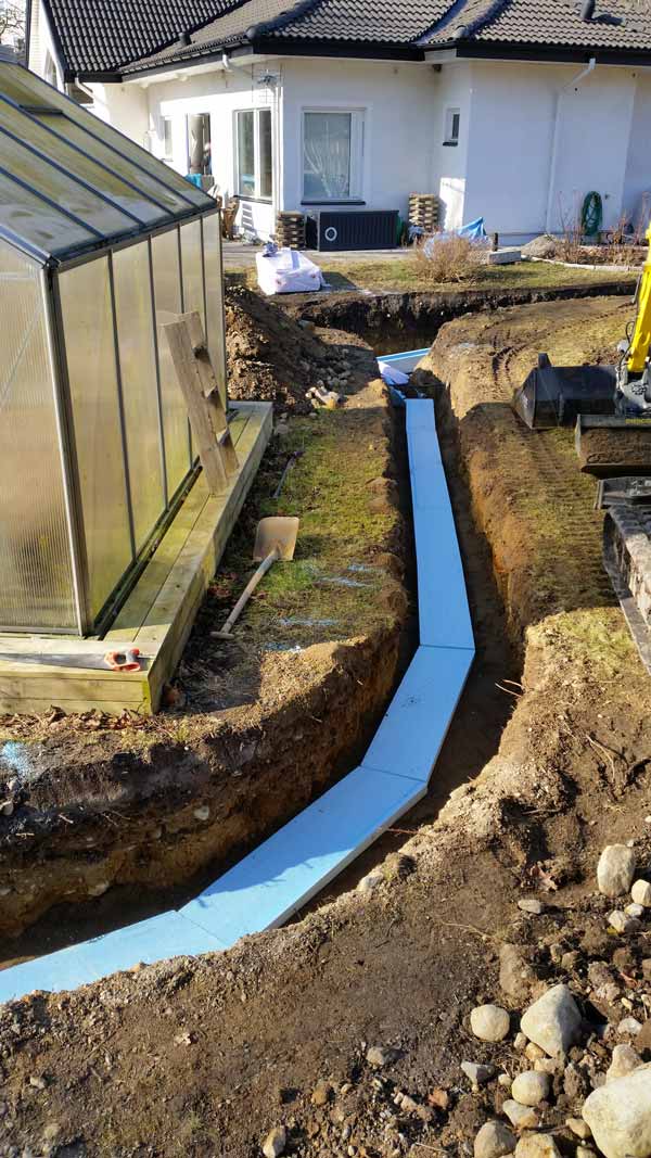 Ett rör som är nedgrävt i marken som leder fram till ett vitt hus.